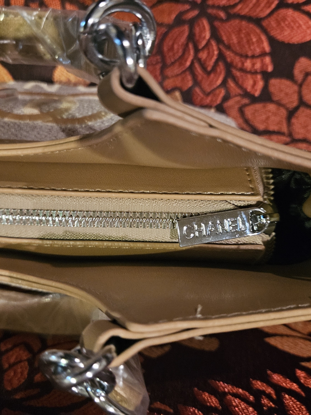 Beige Woven Tote with Gold Charm 1 Left - Picture 3 of 5